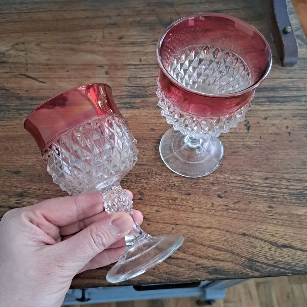 Vintage Set Of 2 Diamond Point Ruby Pink Water Wine Crystal Goblet Indiana Glass